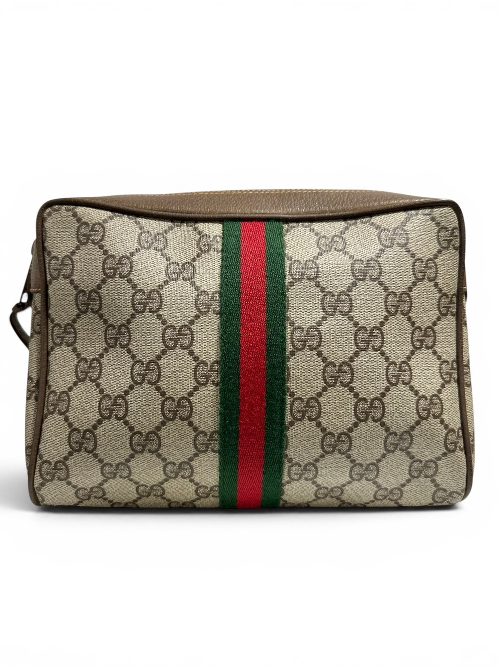 Gucci GG Tan Canvas & Brown Leather Web Sherry Line Vintage Clutch